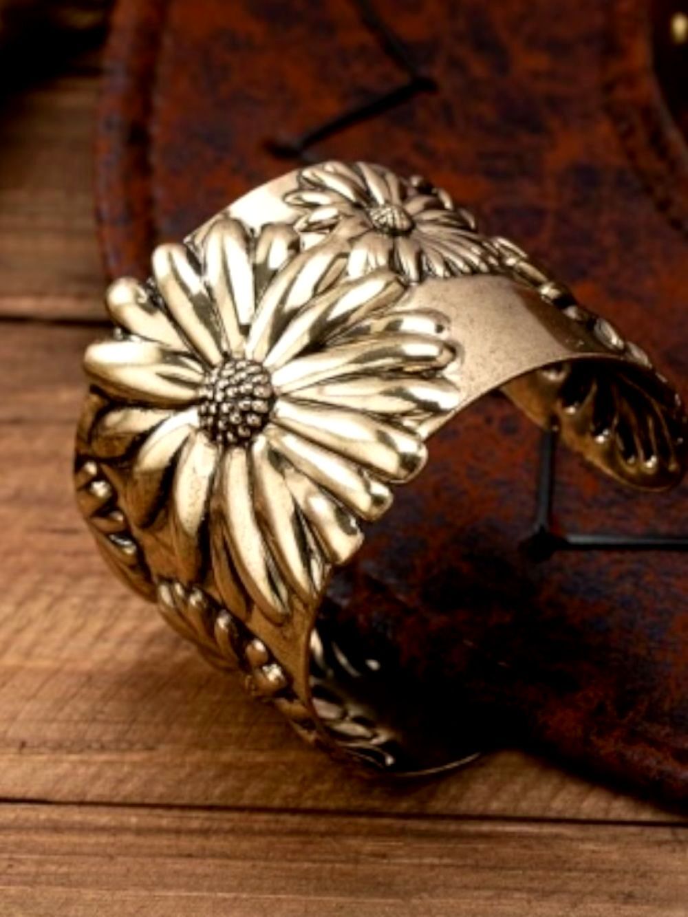 Gold Floral Daisy Cuff Bracelet Raised Design Adjustable - Picture 2 of 8